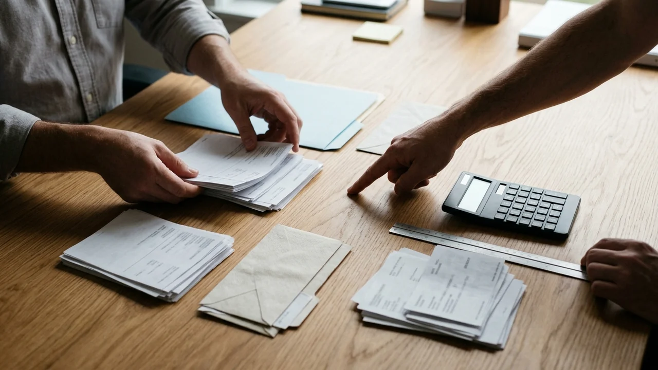 Manos de dos personas ordenan documentos sin texto visible junto a una calculadora y una regla sobre una mesa.