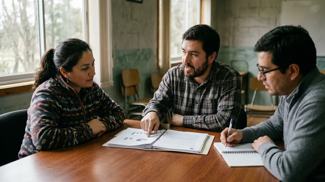 Tres representantes revisan una carpeta de documentos y toman apuntes en una mesa.
