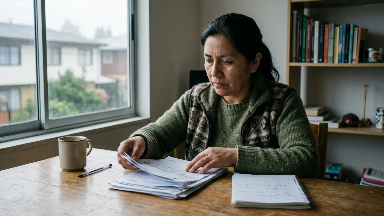 Trabajador adulto ordena documentos laborales y comprobantes sin texto legible sobre un escritorio junto a una ventana.